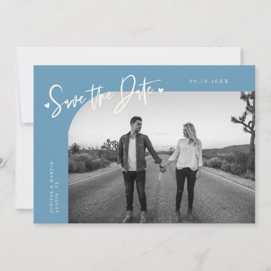 Modern Script Heart Denim Blue Curved Frame Photo セーブザデート (正面)