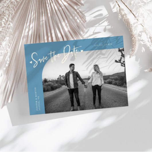 Modern Script Heart Denim Blue Curved Frame Photo セーブザデート