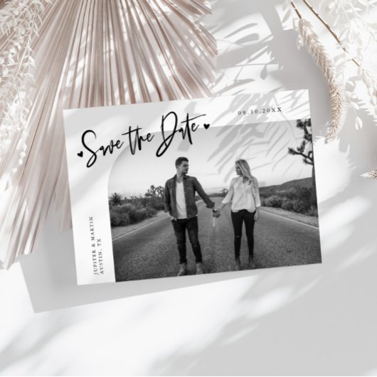 Modern Script Heart White Curved Frame Photo セーブザデート