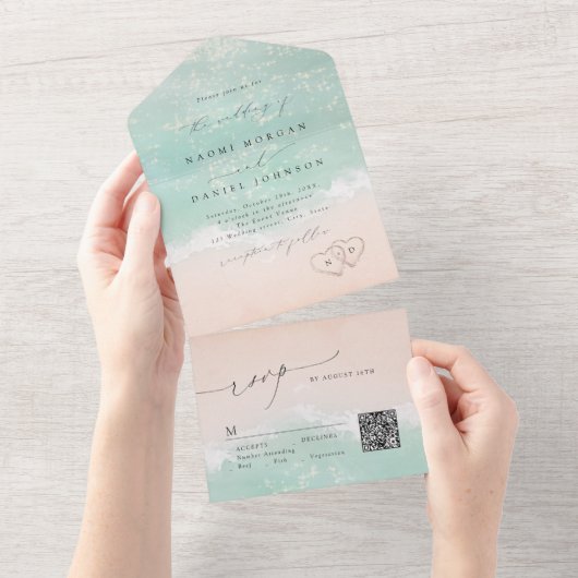 Modern Script Hearts in the sand Beach wedding オールインワン招待状 (貼ってはがせる)