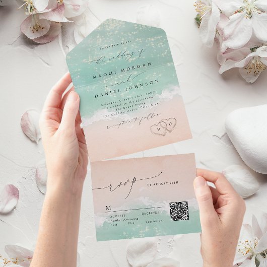 Modern Script Hearts in the sand Beach wedding  オールインワン招待状