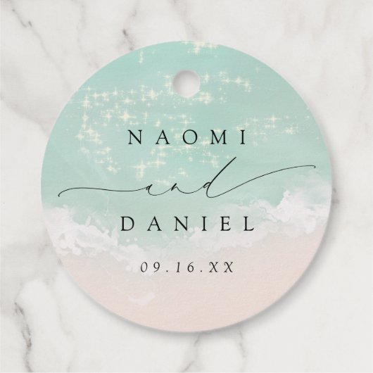 Modern Script Hearts in the sand Beach Wedding フェイバータグ (裏面)