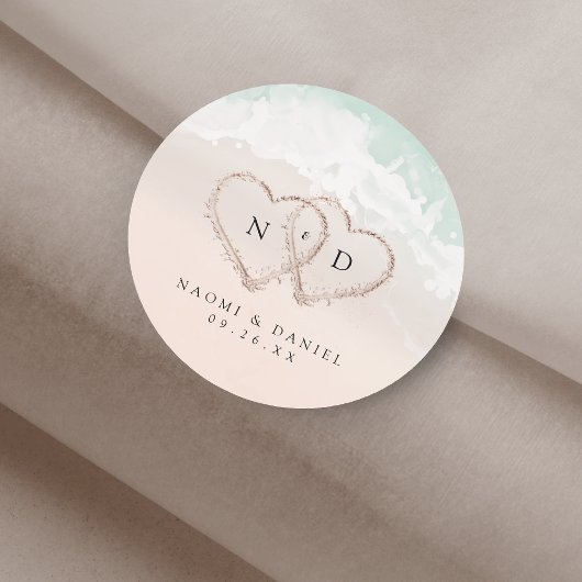 Modern Script Hearts Monogram Beach Wedding Favors ラウンドシール