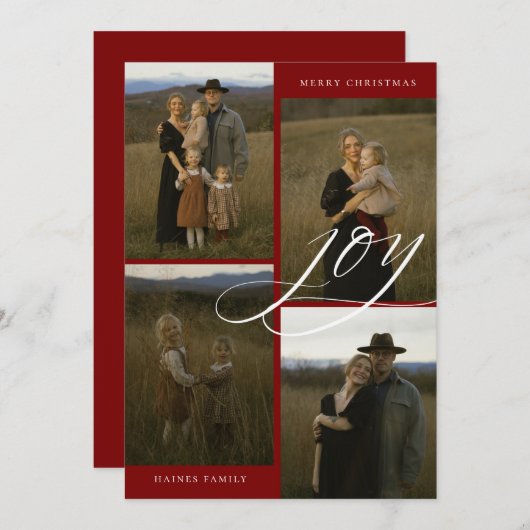 Modern Script Joy 4 Photo Christmas シーズンカード (正面/裏面)