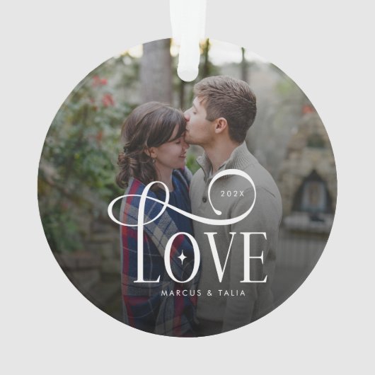 Modern Script Love Custom Engaged Couples Photo オーナメント (裏面)