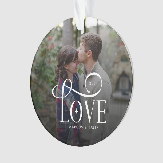 Modern Script Love Custom Engaged Couples Photo オーナメント (正面)