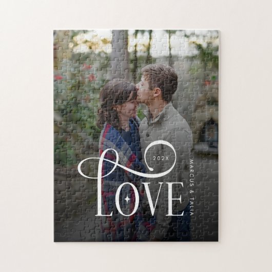 Modern Script Love Custom Engaged Couples Photo ジグソーパズル (縦)