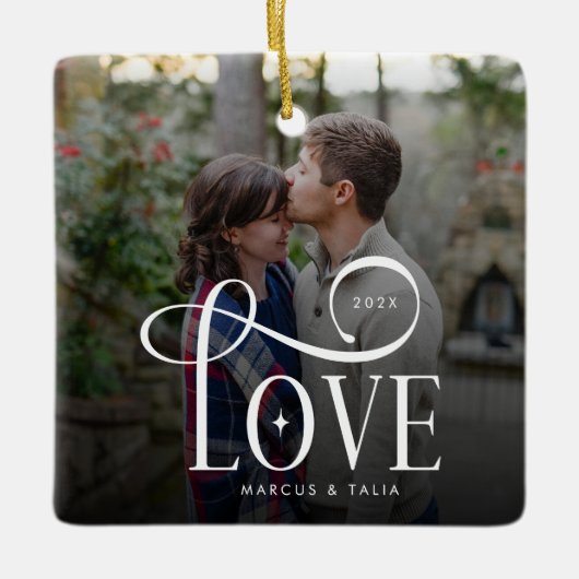 Modern Script Love Custom Engaged Couples Photo セラミックオーナメント (正面)