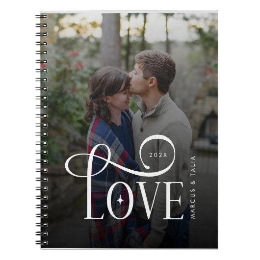 Modern Script Love Custom Engaged Couples Photo ノートブック (正面)