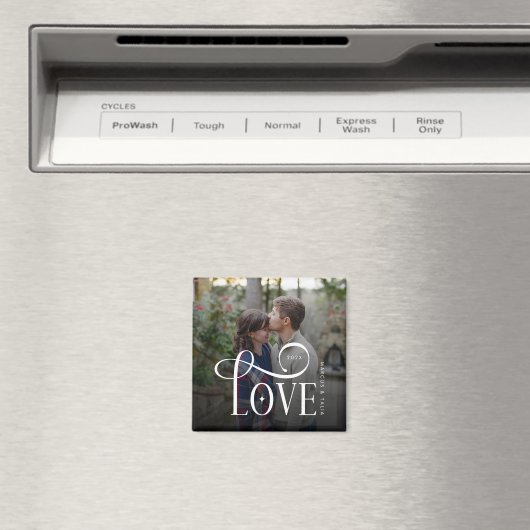 Modern Script Love Custom Engaged Couples Photo マグネット (インサイチュ (食洗機))