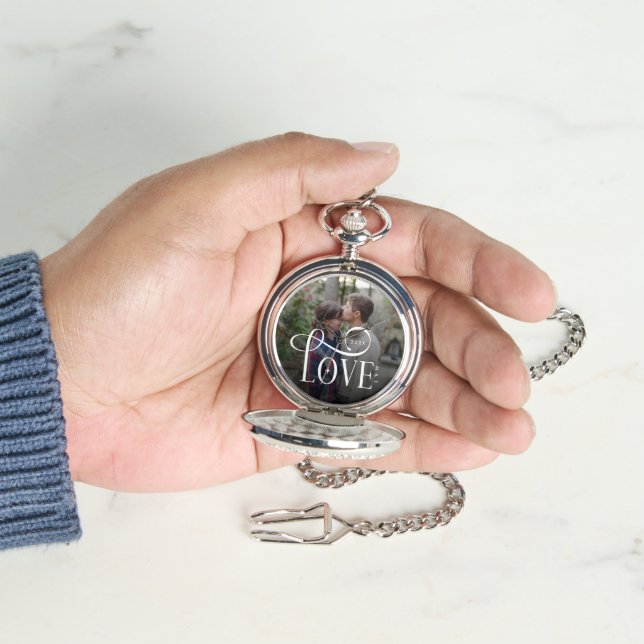 Modern Script Love Custom Engaged Couples Photo 腕時計 (手)