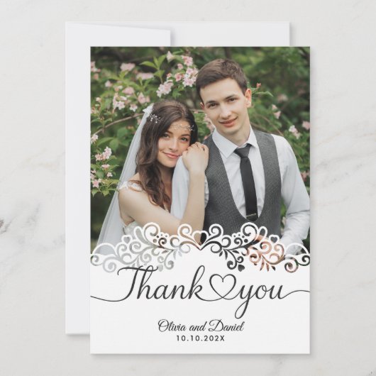 Modern Script Love Heart Wedding Flat Thank You サンキューカード (正面)