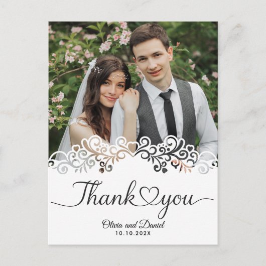 Modern Script Love Heart Wedding Flat Thank You ポストカード (正面)