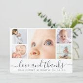 Modern Script Love & Thanks 5 Photos Baby Shower サンキューカード (スタンド正面)