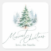 Modern Script Merriest Christmas Pine Tree スクエアシール (正面)