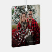Modern Script Merry and Bright Christmas Photo メタルオーナメント (正面右)