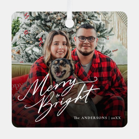Modern Script Merry and Bright Christmas Photo メタルオーナメント (正面)