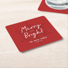 Modern Script Merry & Bright Snowflakes Christmas スクエアペーパーコースター