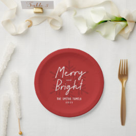 Modern Script Merry & Bright Snowflakes Christmas ペーパープレート