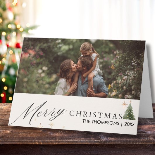 Modern Script Merry Christmas Family Photo Custom カード