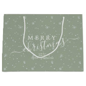 Modern Script Merry Christmas Snow Sage Green Name ラージペーパーバッグ (正面)