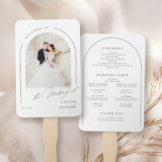 Modern Script Minimal Photo Arch Wedding Programs ハンドファン