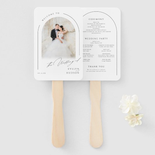 Modern Script Minimal Photo Arch Wedding Programs ハンドファン (正面&裏面)