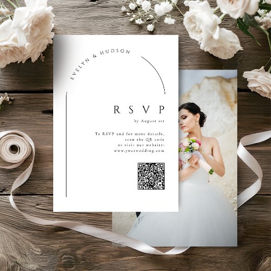 Modern Script Minimal Photo Arch Wedding QR code 出欠カード