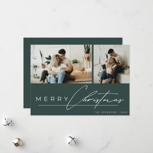 Modern Script Minimal Photo Green Merry Christmas シーズンカード (正面/裏面インサイチュ)