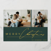 Modern Script Minimal Photo Green Merry Christmas 箔シーズンカード (正面)