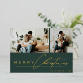Modern Script Minimal Photo Green Merry Christmas 箔シーズンカード (立ち正面)