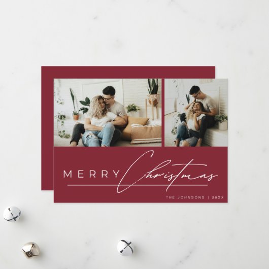 Modern Script Minimal Photo Red Merry Christmas シーズンカード (正面/裏面インサイチュ)