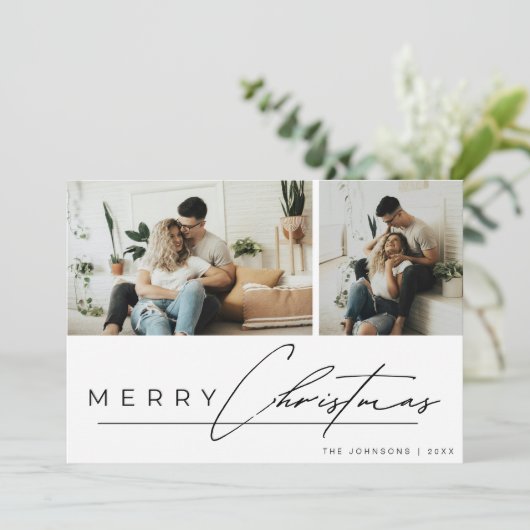 Modern Script Minimal Simple Photo Merry Christmas シーズンカード (スタンド正面)
