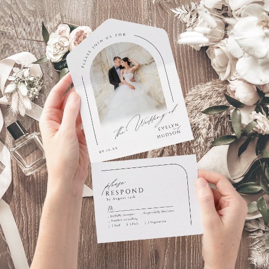 Modern Script Minimalist Photo Arch Wedding オールインワン招待状
