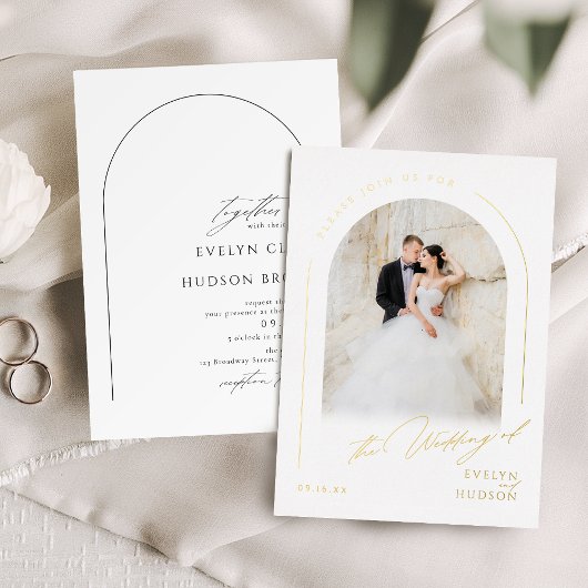 Modern Script Minimalist Photo Arch Wedding 箔招待状