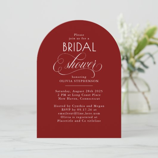 Modern Script Minimalist Red Bridal Shower Photo 招待状 (スタンド正面)