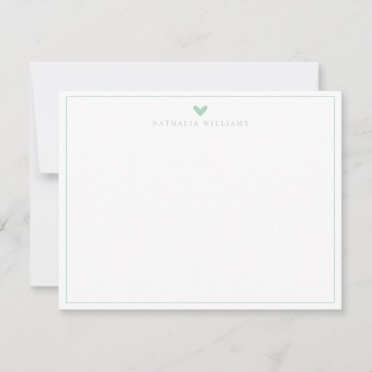 Modern Script Mint Green Heart Border Monogram ノートカード (正面)