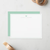 Modern Script Mint Green Heart Border Monogram ノートカード (正面/裏面インサイチュ)
