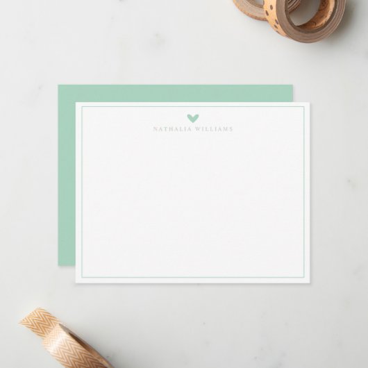 Modern Script Mint Green Heart Border Monogram ノートカード (正面/裏面インサイチュ)