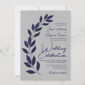 Modern Script Navy Blue Leaves on Gray Wedding 招待状 (正面)