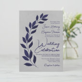 Modern Script Navy Blue Leaves on Gray Wedding 招待状 (スタンド正面)