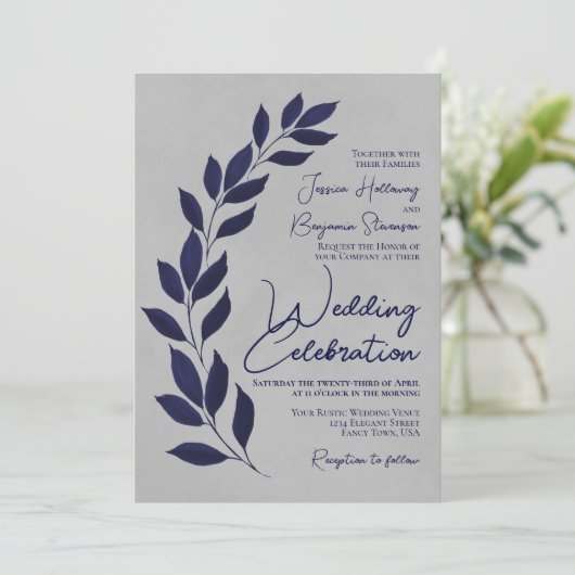 Modern Script Navy Blue Leaves on Gray Wedding 招待状 (スタンド正面)