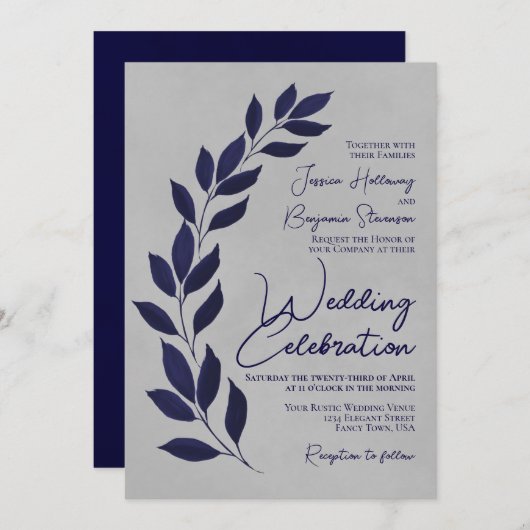 Modern Script Navy Blue Leaves on Gray Wedding 招待状 (正面/裏面)