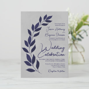 Modern Script Navy Blue Leaves on Gray Wedding 招待状