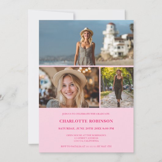  Modern Script neon pink graduate photo graduation 招待状 (裏面)