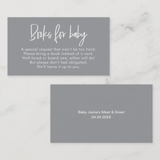 Modern Script Neutral Baby Shower Book Request エンクロージャーカード (正面/裏面)