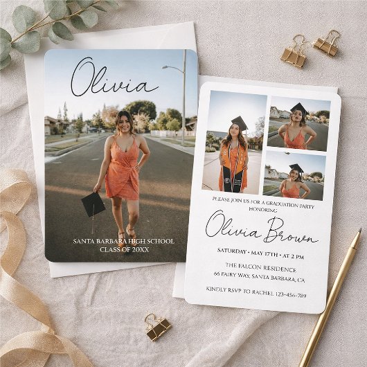 Modern Script Photo Collage Graduation Party 招待状