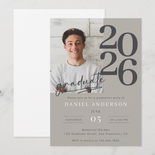 Modern Script Photo Grad 2026 Party 招待状 (正面/裏面)