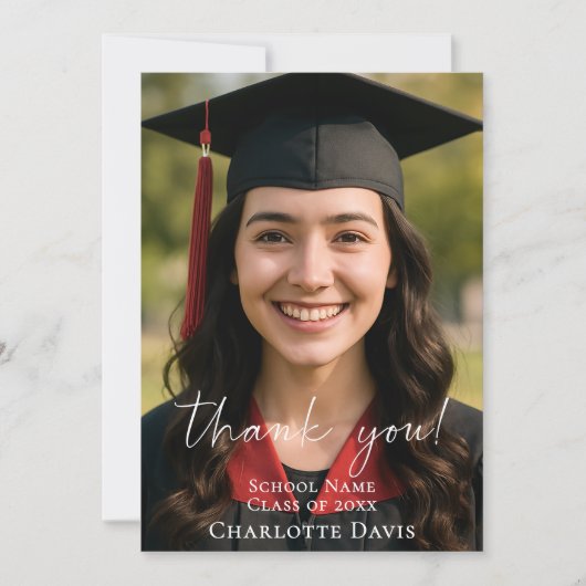 Modern script photo Graduation サンキューカード (正面)