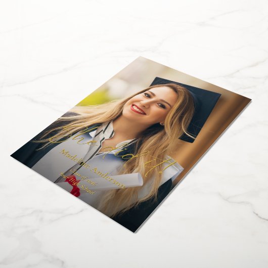 Modern Script Photo Graduation Announcement 箔招待状 (回転した状態)